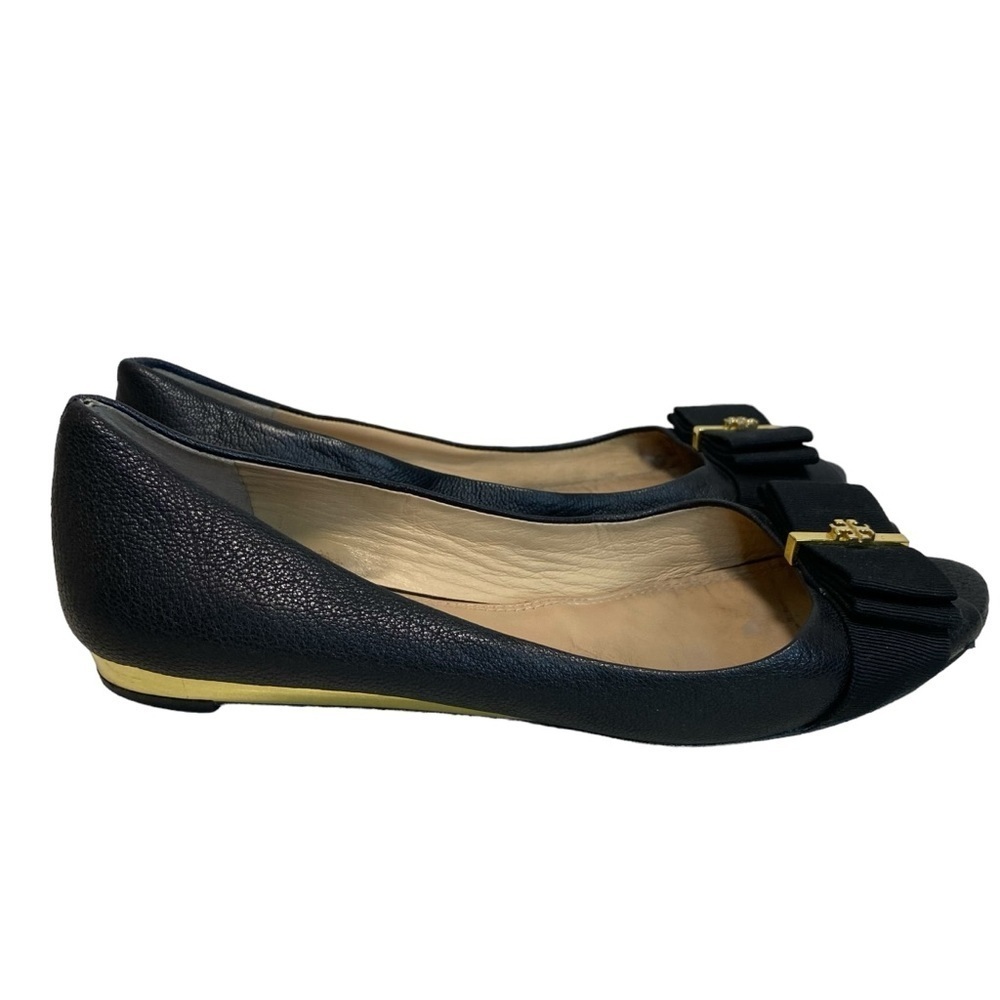 Tory Burch Black Leather Peep Toe Bow Flats Size 39